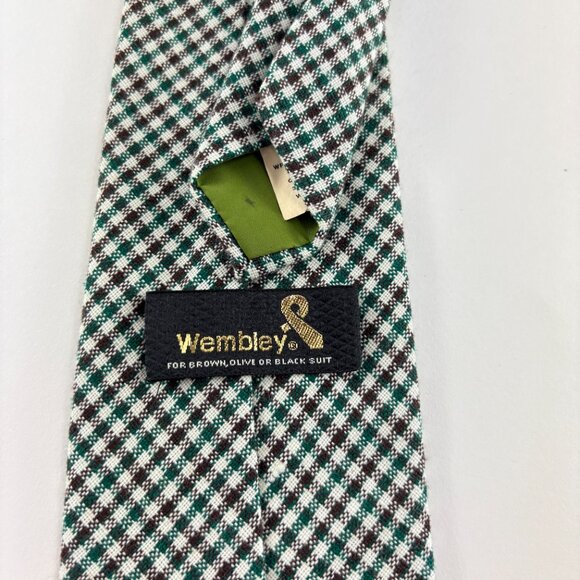Wembley White / Green / Brown Plaid Men's Tie 4" x 58" Wool / Orion - Vintage - Picture 4 of 4
